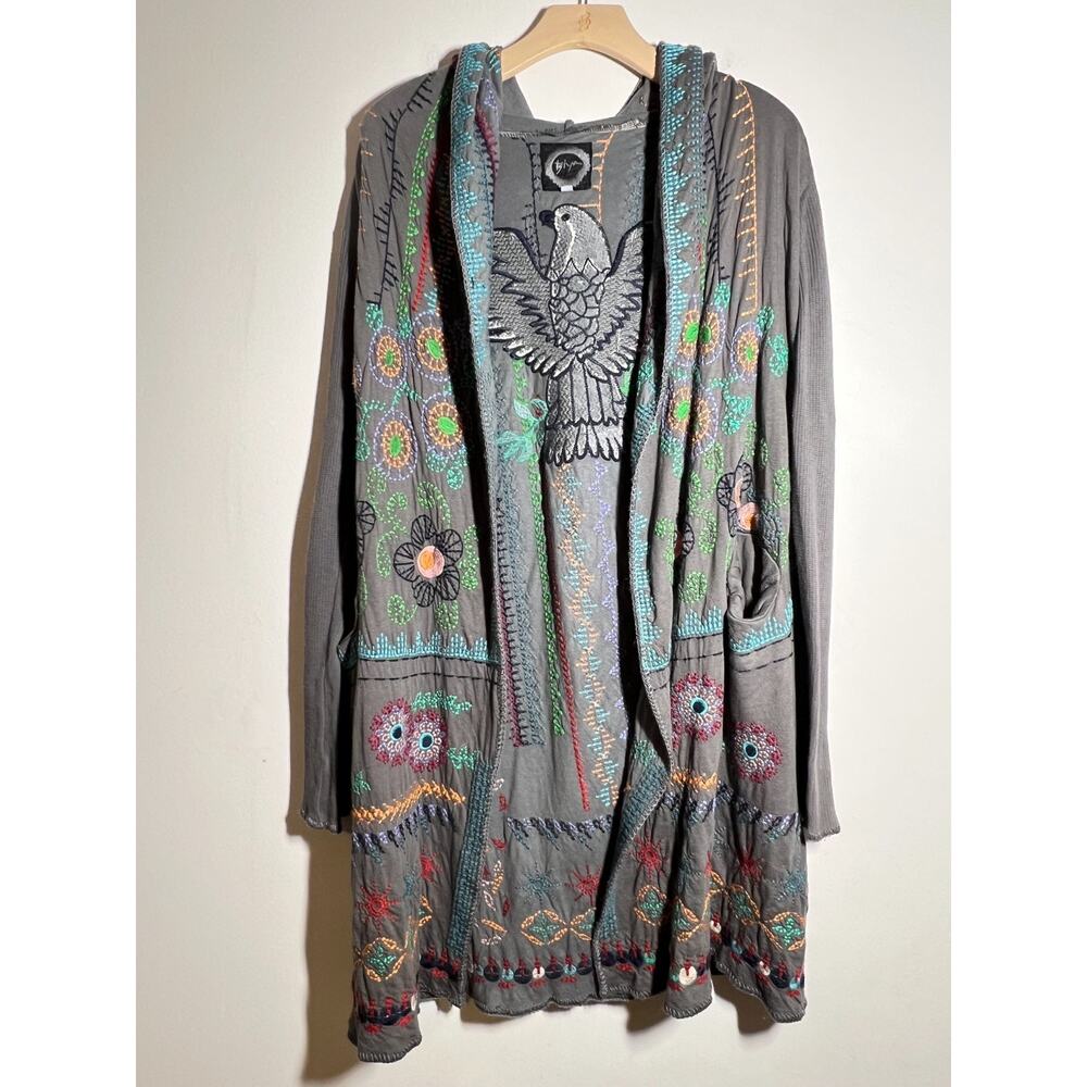 Johnny Was Biya EUC Long Gray Embroidered Eagle Hooded Cardigan Duster Jacket XS